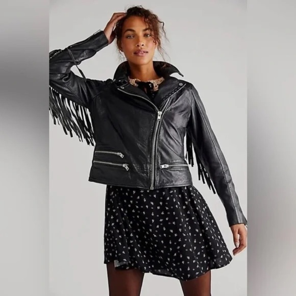 NEW Free People x Mauritius Zoe Fringe Jacket Black Leather